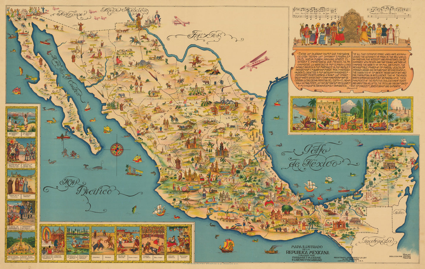 1930 Mapa Ilustrado de la Republica Mexicana...