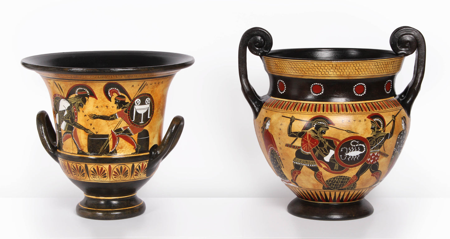 Ancient Greek Black-Figure Chalcidian Krater Vase with Achilles and Hector