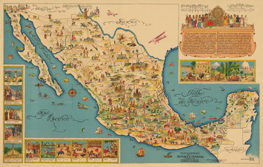 1930 Mapa Ilustrado de la Republica Mexicana...